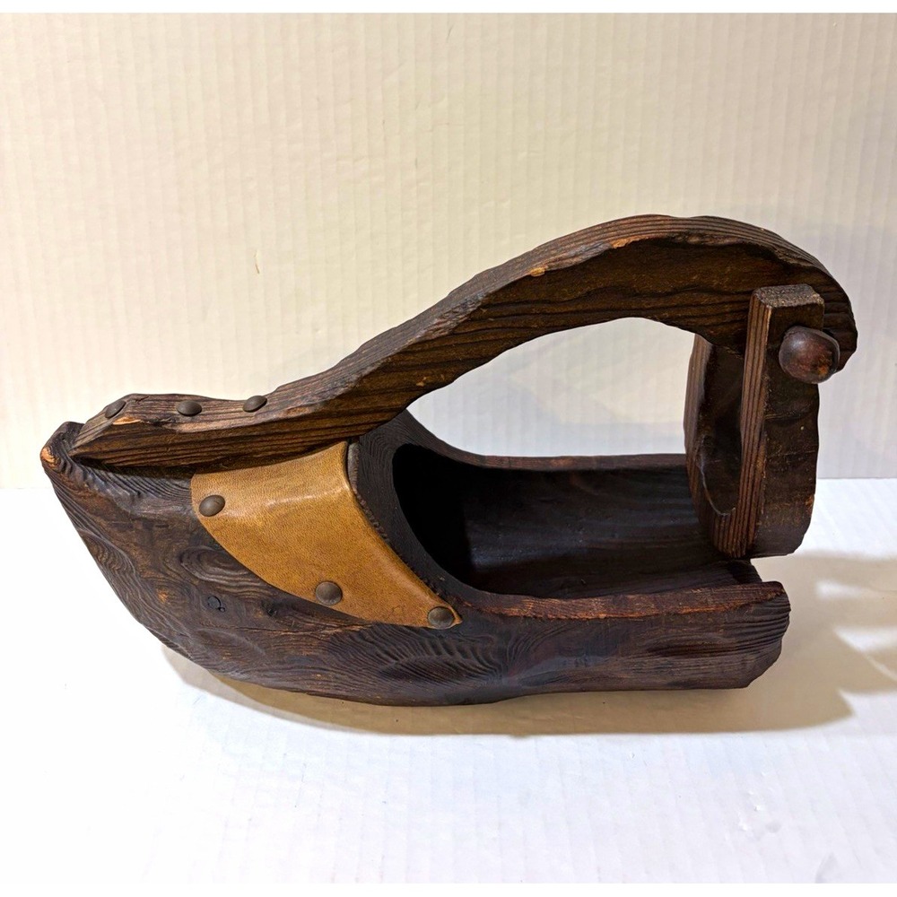 Vintage Hand-Carved Wooden Shoe Wine Bottle Holder Caddy Leather Accent Trim